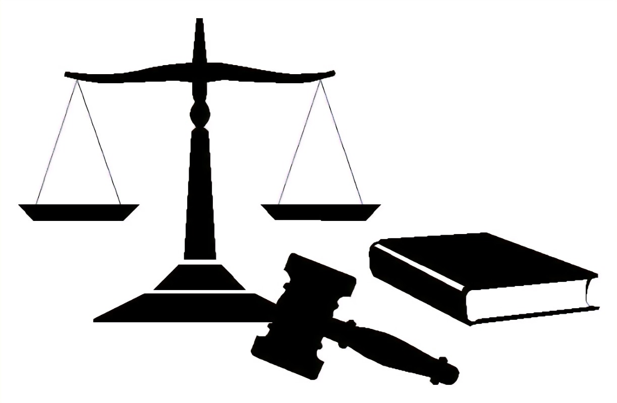 A scale, gavel and book, from left to right