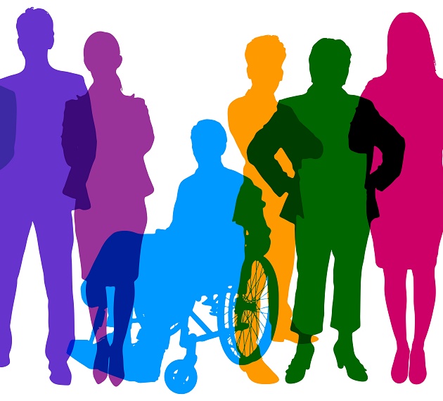 Multi color silhouettes of people of varing ability, stature, and gender